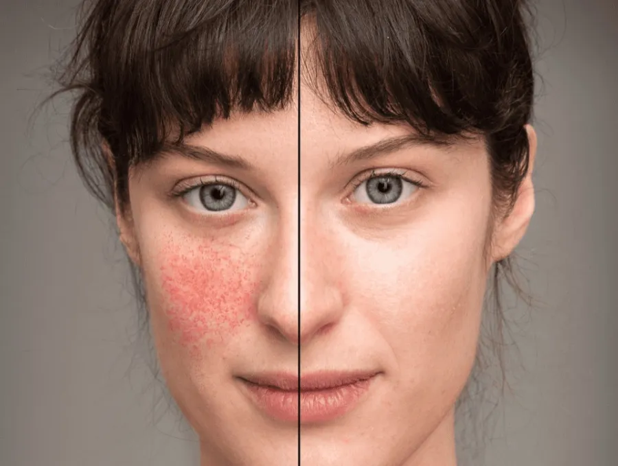 פריחת פרפר (malar rash) אופיינית לזאבת — השוואה בין צד פנים עם פריחה לצד ללא פריחה